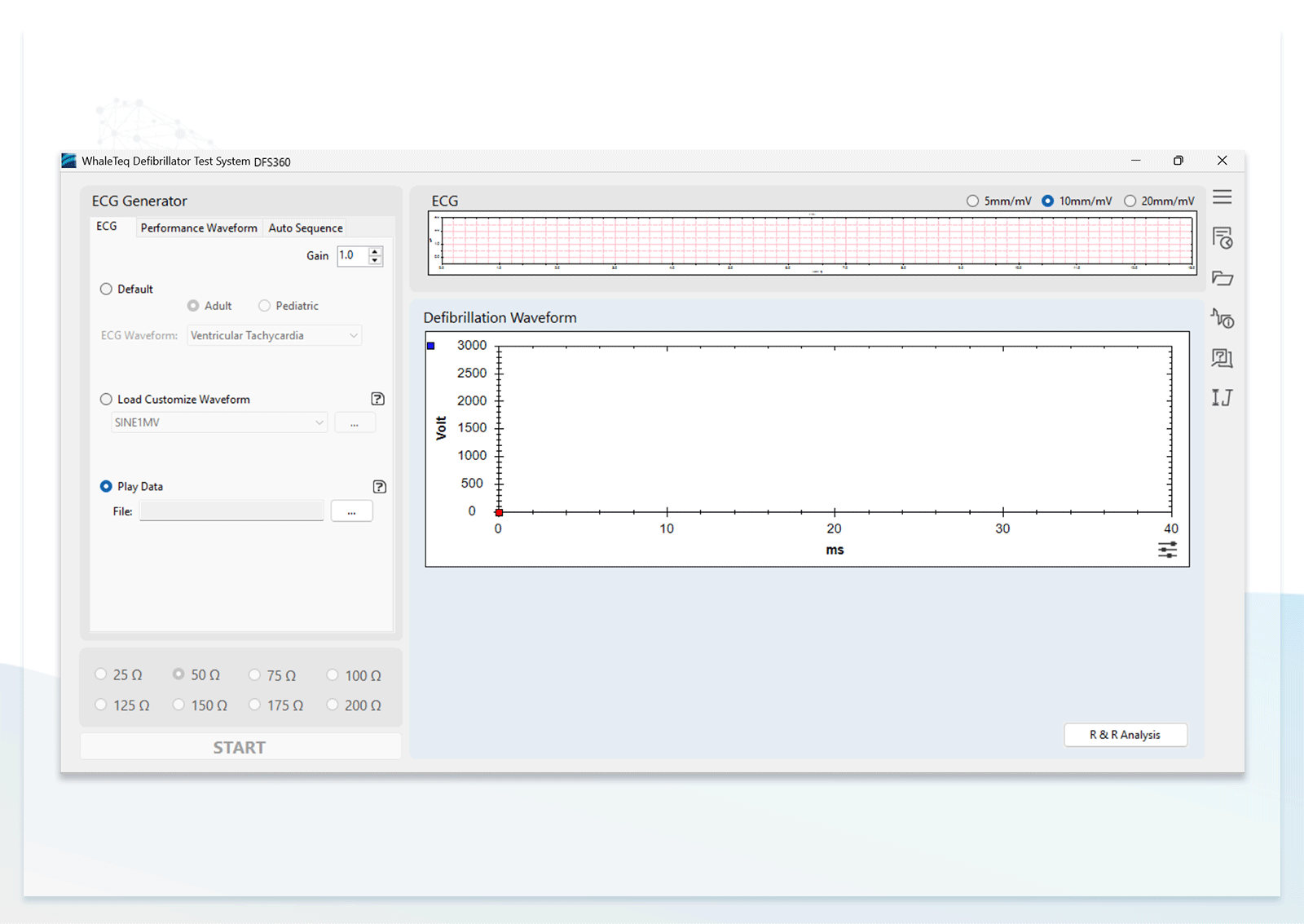 DFS360 Supports playback of ECG databases or clinically recorded waveforms to test the AED/defibrillator's interpretation capability